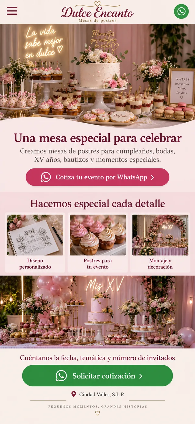 Ejemplo de Landing Express para mesas de postres Dulce Encanto