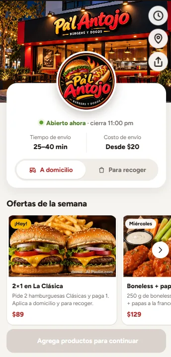 Menú Básico para hamburguesas y dogos, vista en celular