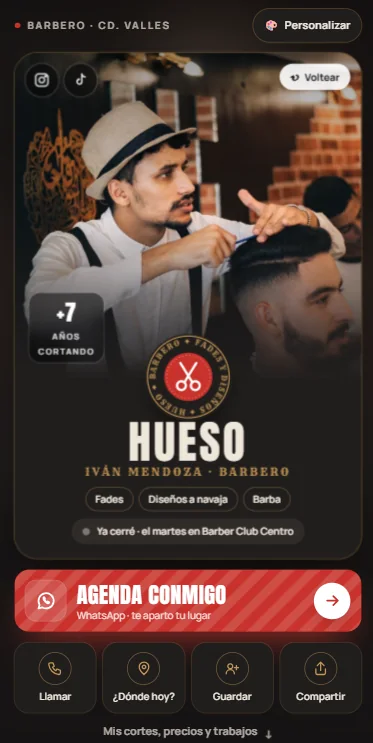 Tarjeta Digital para barbero, vista en celular